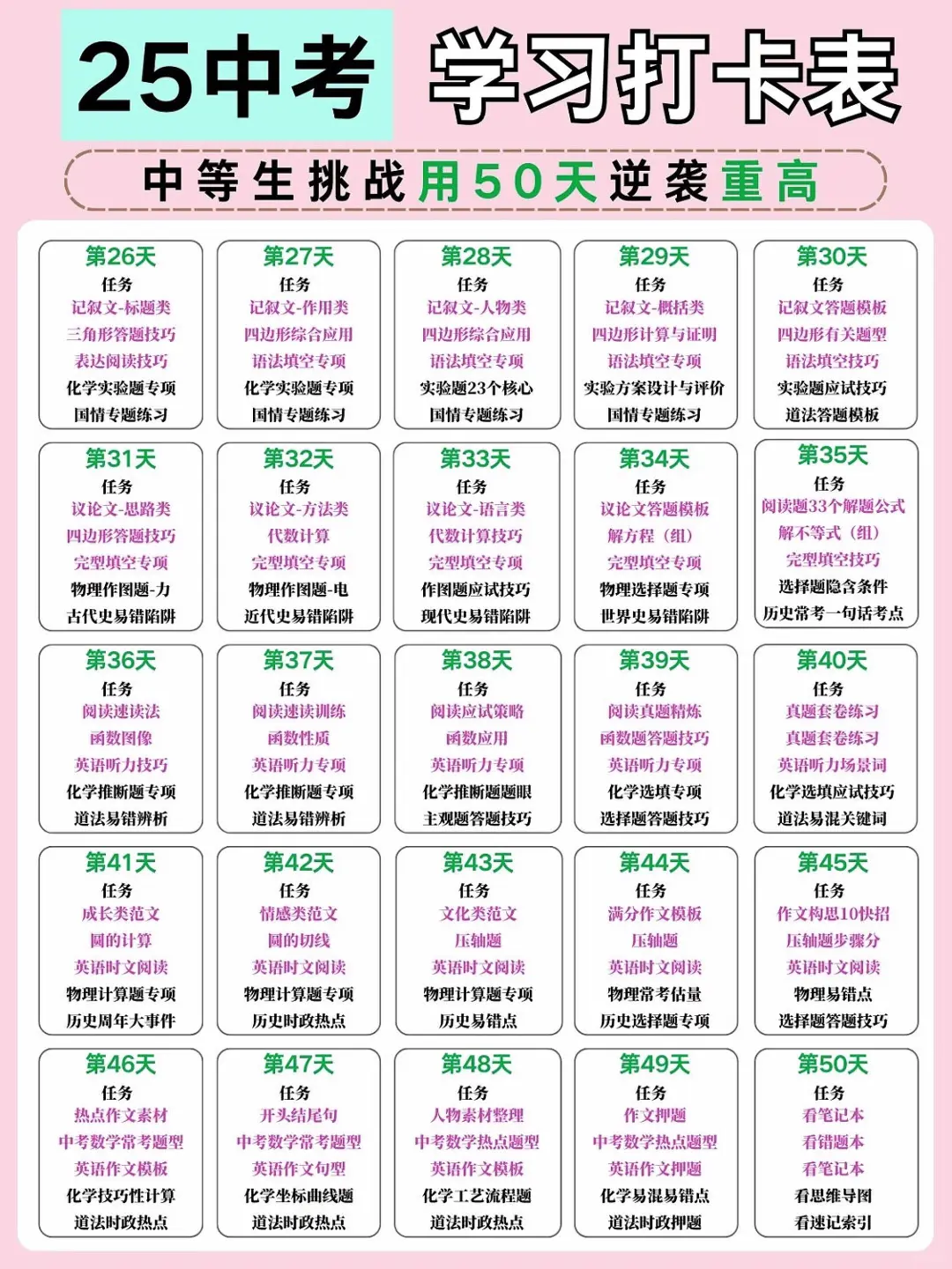 初三最后50天,中等生逆袭重高复习打卡表❗-第3张图片-四季读书网 初三最后50天,中等生逆袭重高复习打卡表❗-第3张图片-四季读书网