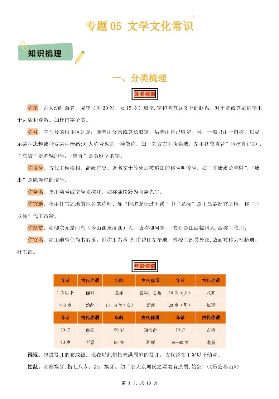 中考语文|26年中考语文复习专题05文学文化常识18页(高清下载打印)-第1张图片-四季读书网 中考语文|26年中考语文复习专题05文学文化常识18页(高清下载打印)-第1张图片-四季读书网