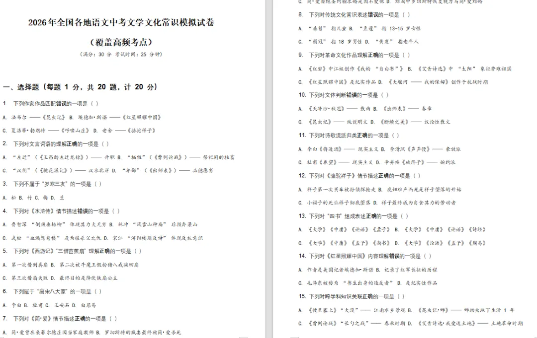 【复习资料】2025-2026语文中考总复习试题(复习讲义+复习名著阅读+复习知识点闯关+语文真题分类汇编)全套下载 第4张