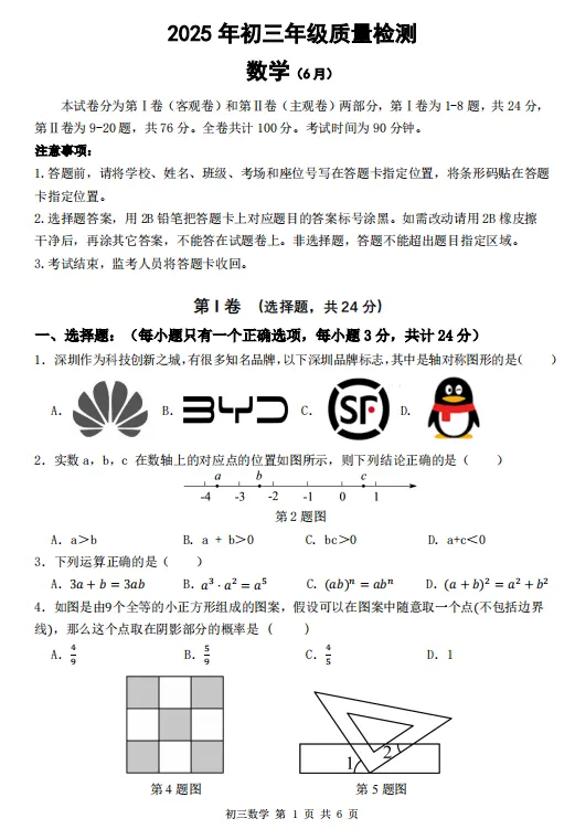 2025年深圳各区、名校中考模拟试卷汇编(33套) 第25张