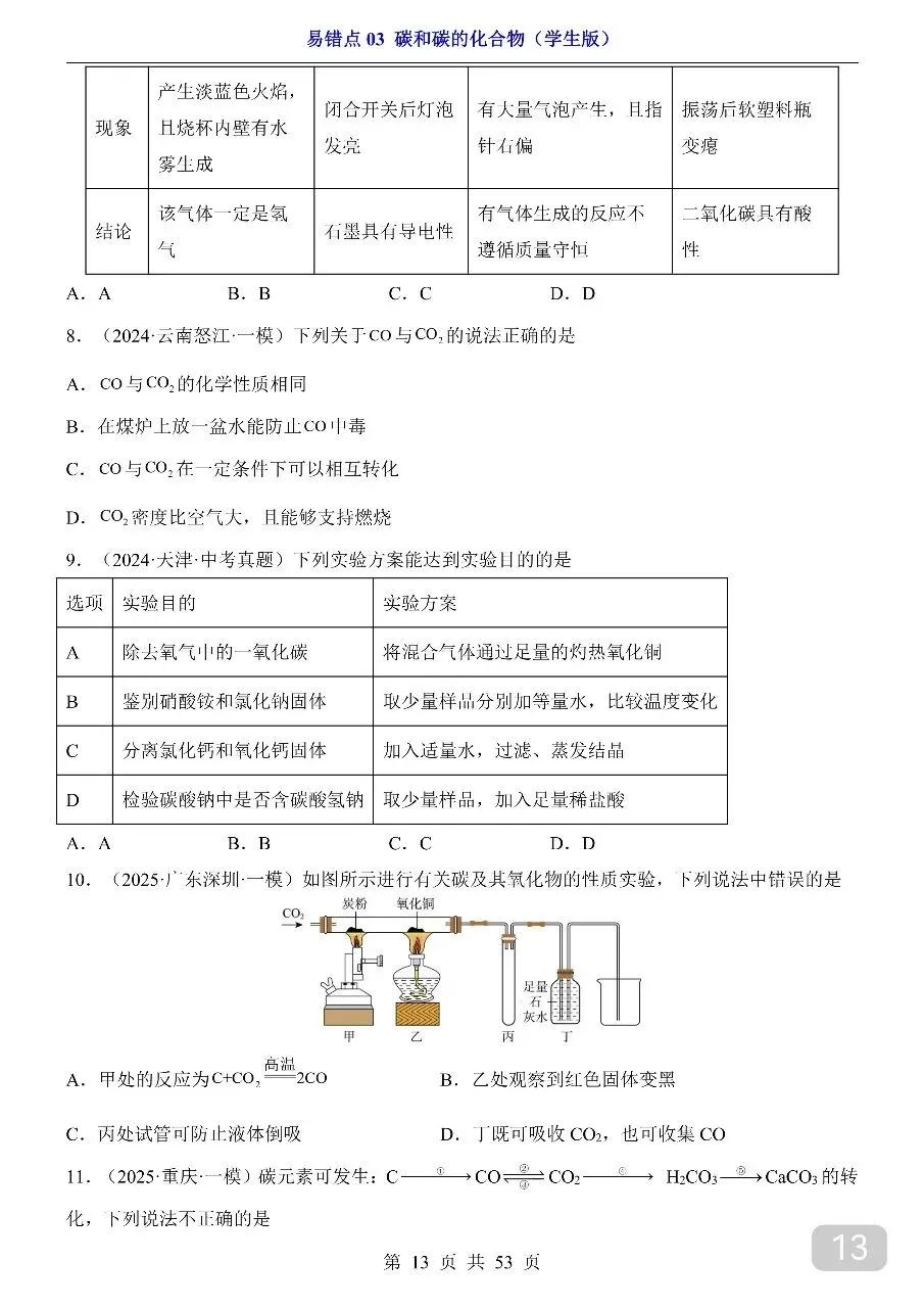 中考专项化学易错点03 碳和碳的化合物.pdf 第14张