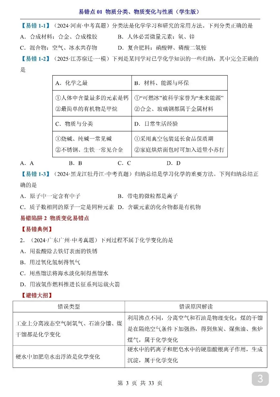 中考专项化学易错点01 物质分类、物质变化与性质.pdf 第5张