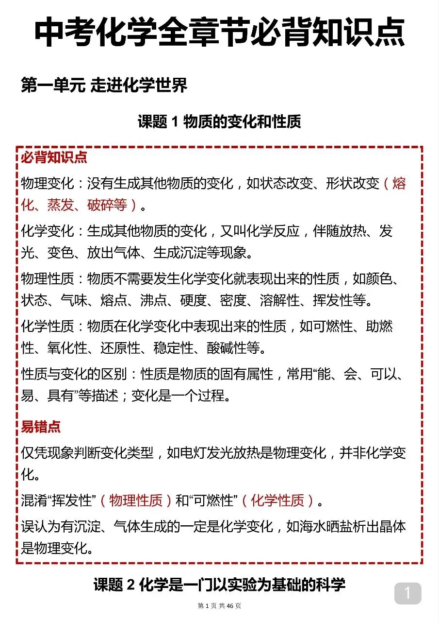 2026年中考化学考前背诵笔记完整打印版! 第1张