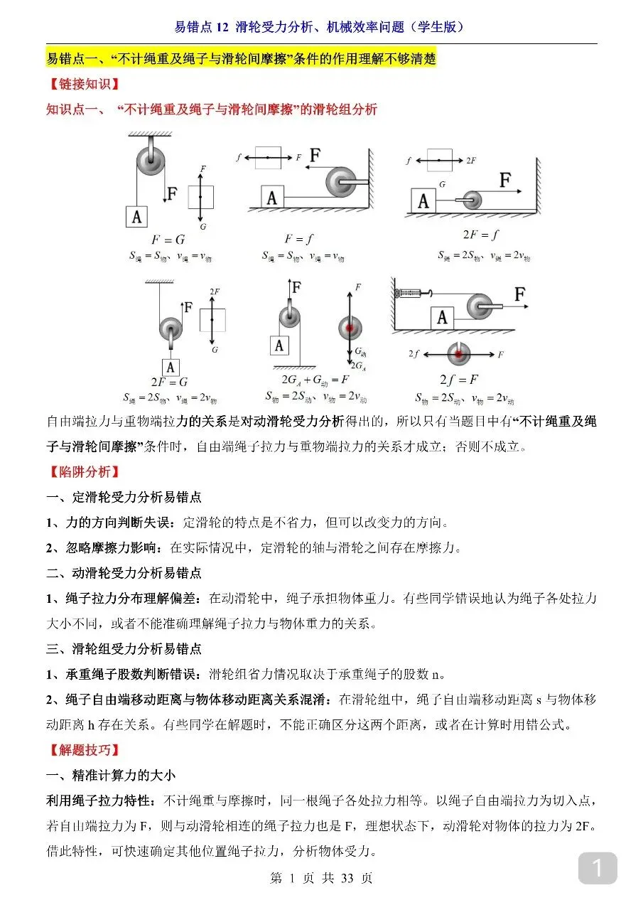 中考专项物理易错点12 滑轮受力分析、机械效率问题.pdf-第3张图片-四季读书网