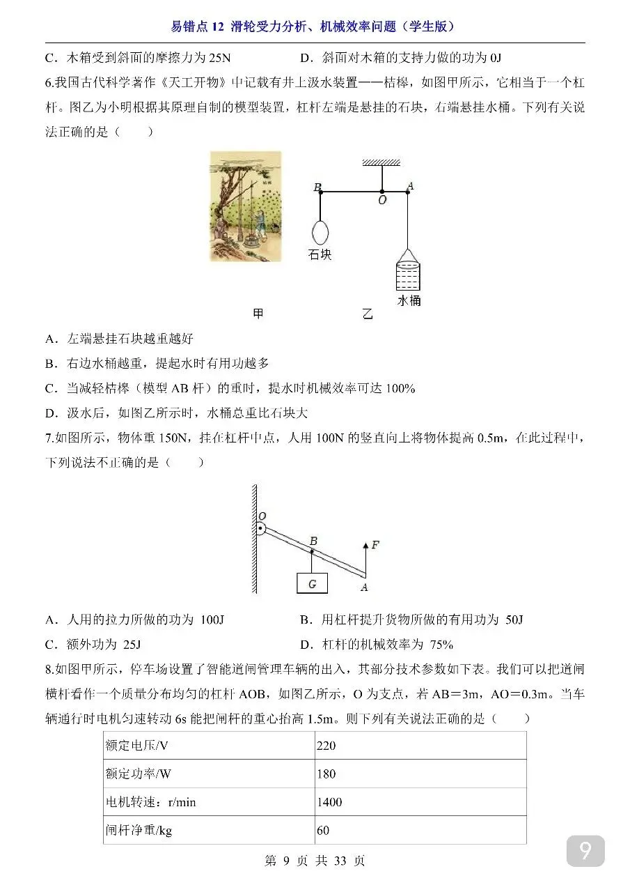中考专项物理易错点12 滑轮受力分析、机械效率问题.pdf-第11张图片-四季读书网