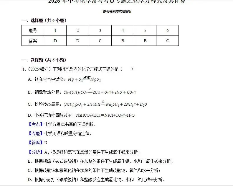 2026初中《化学中考常考考点专题》电子版下载 中考化学真题分享 有答案 第6张