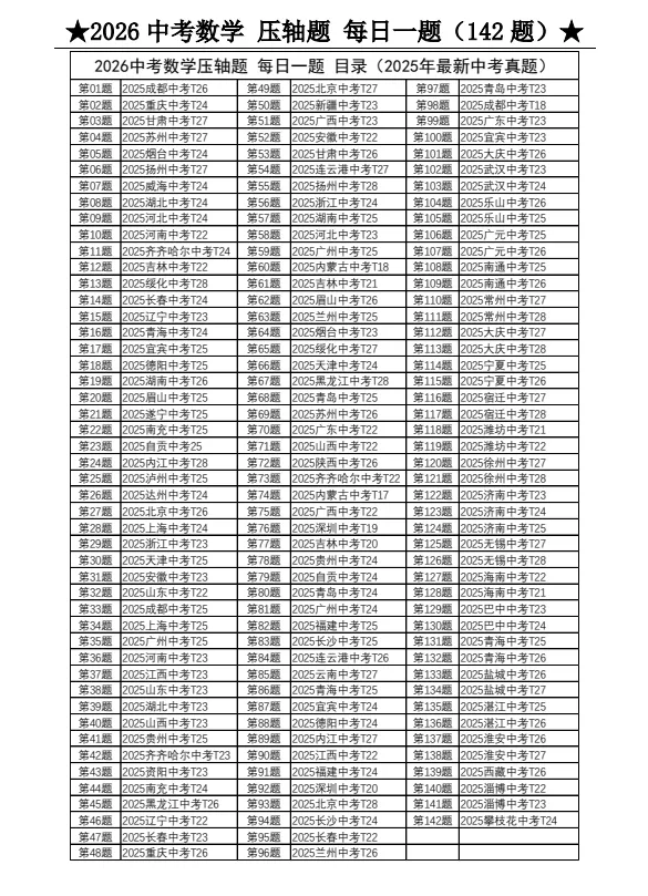 【初中】2026《中考数学•压轴题》解答每日1题中考真题汇编(142题带答案)+选择填空(275题带答案)+基础提高50天打卡电子版网盘免费下载 第2张 【初中】2026《中考数学•压轴题》解答每日1题中考真题汇编(142题带答案)+选择填空(275题带答案)+基础提高50天打卡电子版网盘免费下载 第2张