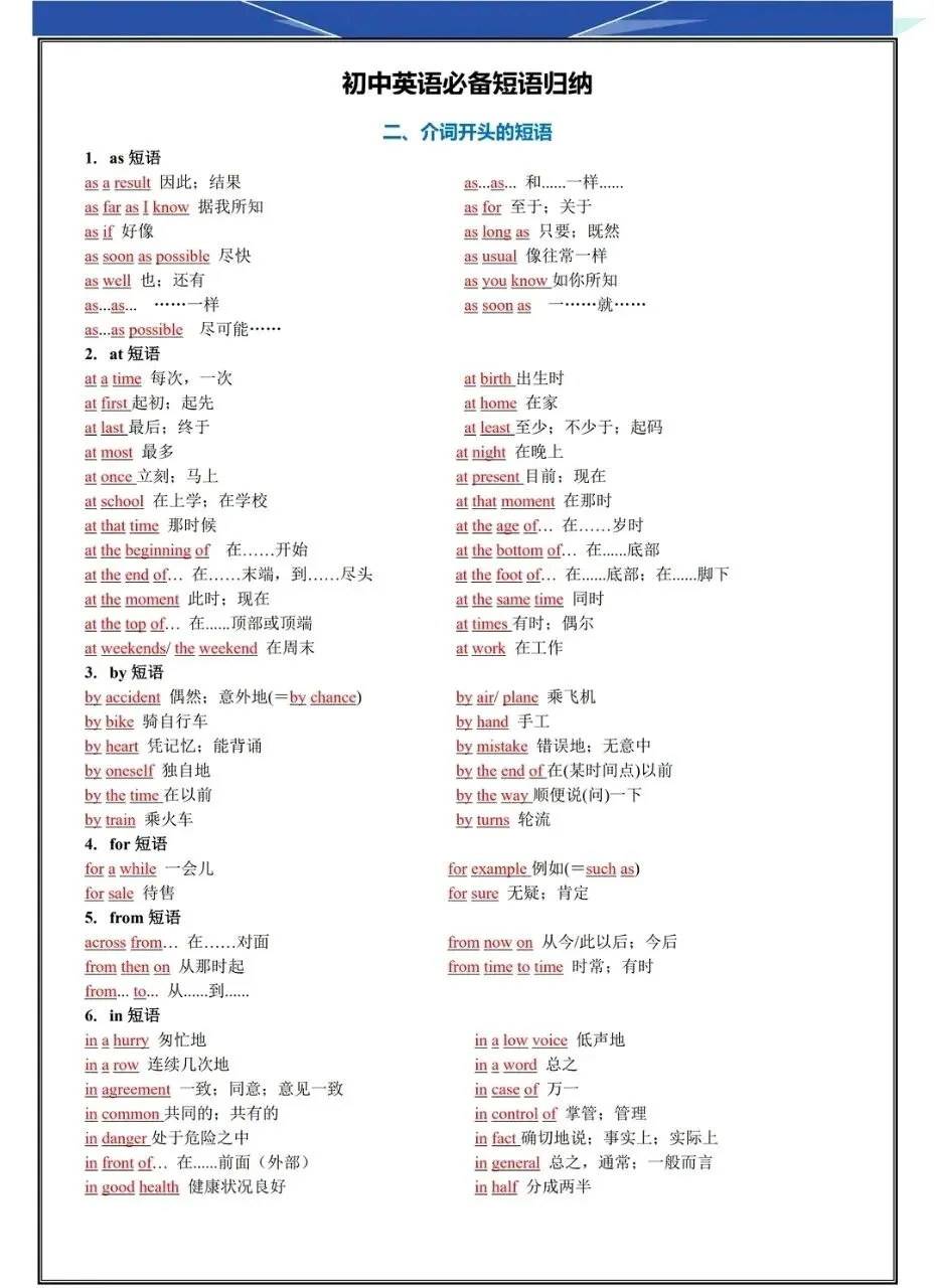 中考英语 核心短语 分类整理/中考一轮复习 第5张