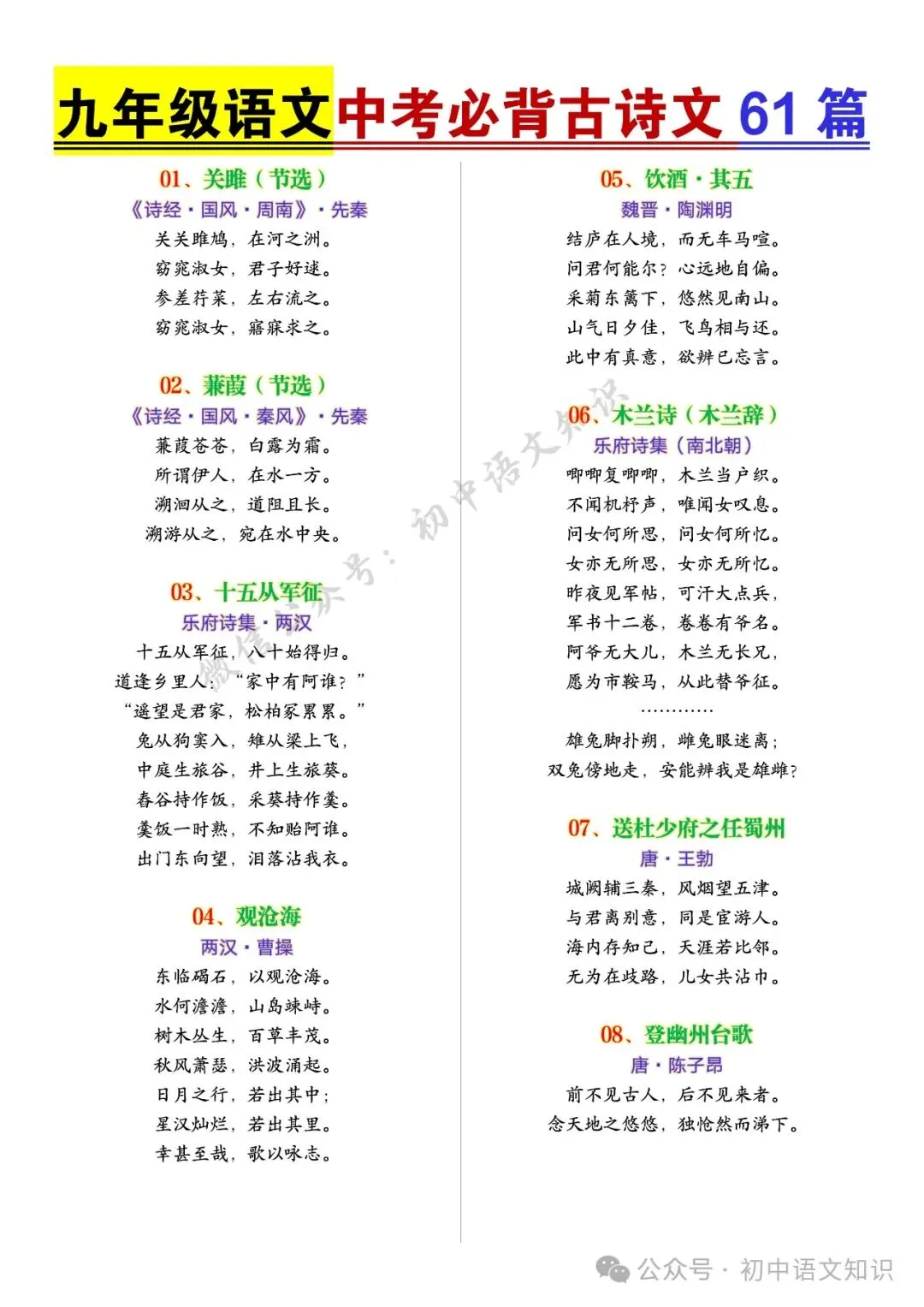 2025中考语文必背古诗文61篇超全整理 第5张
