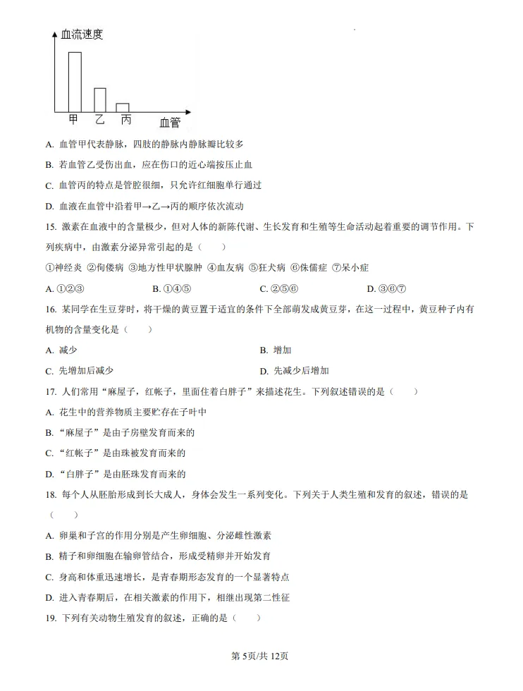 山东2024济南中考生物真题 | 2024年山东省济南市中考生物真题| 高清版,带答案 第5张