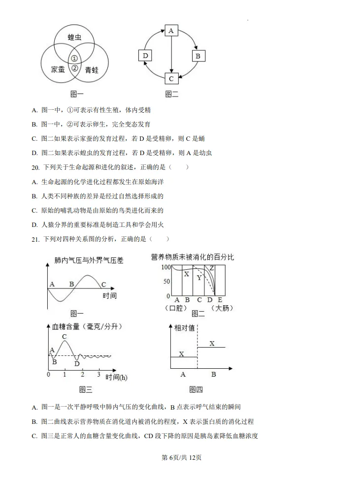 山东2024济南中考生物真题 | 2024年山东省济南市中考生物真题| 高清版,带答案 第6张