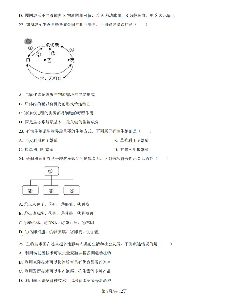山东2024济南中考生物真题 | 2024年山东省济南市中考生物真题| 高清版,带答案 第7张