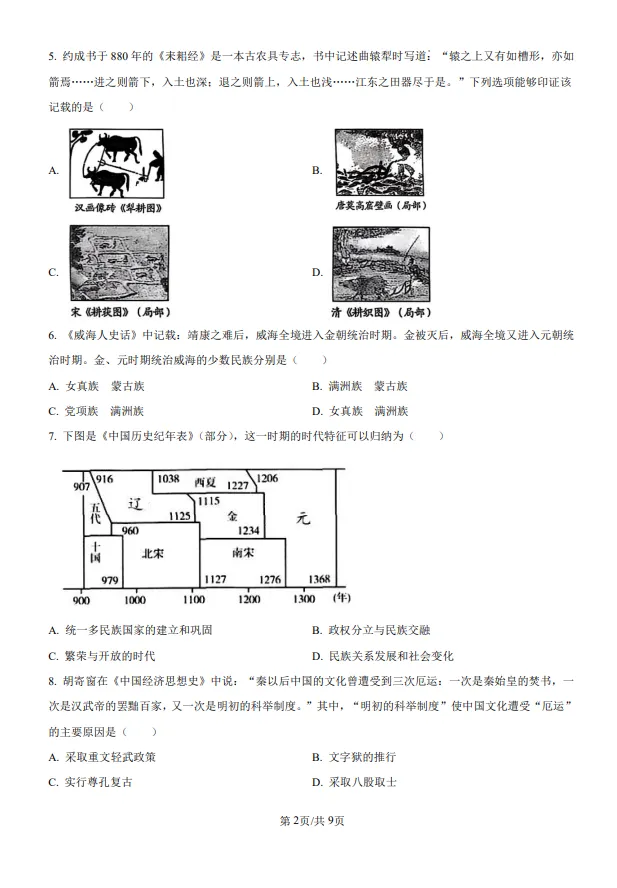 山东五四制中考中考历史真题 | 2025年山东省威海市中考历史真题| 高清版,带答案,可下载 第2张 山东五四制中考中考历史真题 | 2025年山东省威海市中考历史真题| 高清版,带答案,可下载 第2张
