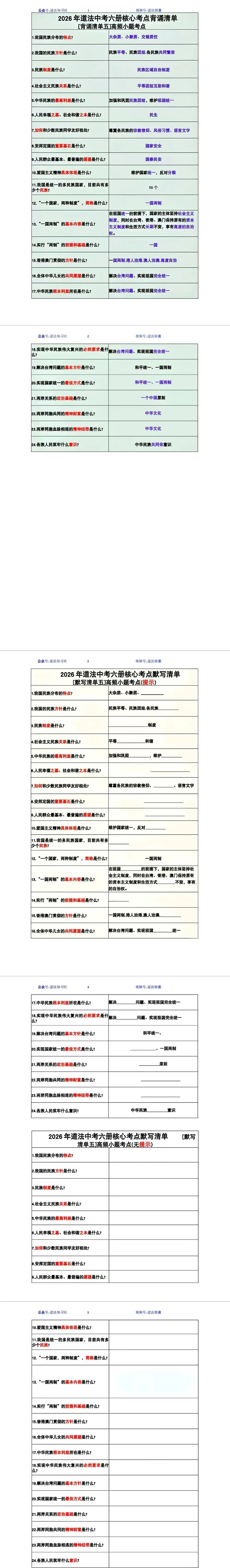 2026道法中考默写(五)|六册书高频小题直接背,文末有完整电子版可以下载,学霸学习好帮手,建议打印,学霸人手一份 第1张 2026道法中考默写(五)|六册书高频小题直接背,文末有完整电子版可以下载,学霸学习好帮手,建议打印,学霸人手一份 第1张