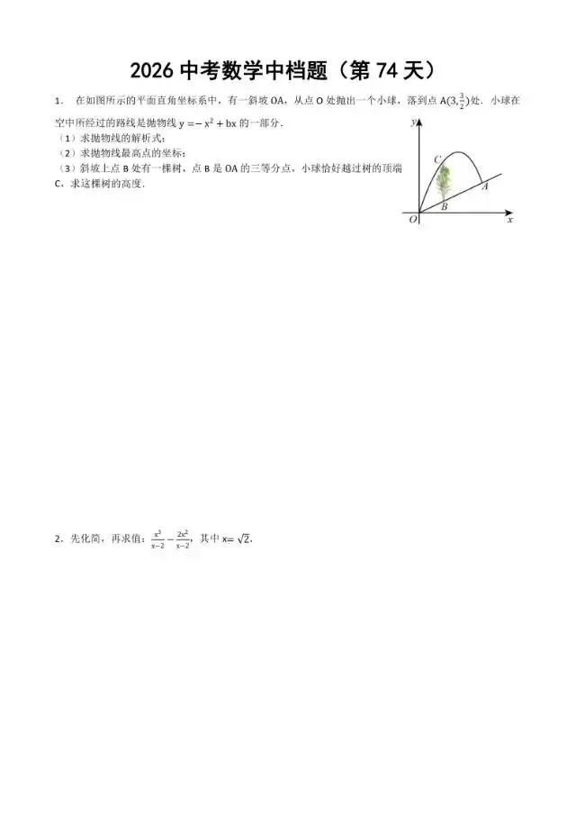 初三家长必看,2026中考数学中档题每日练 第75张