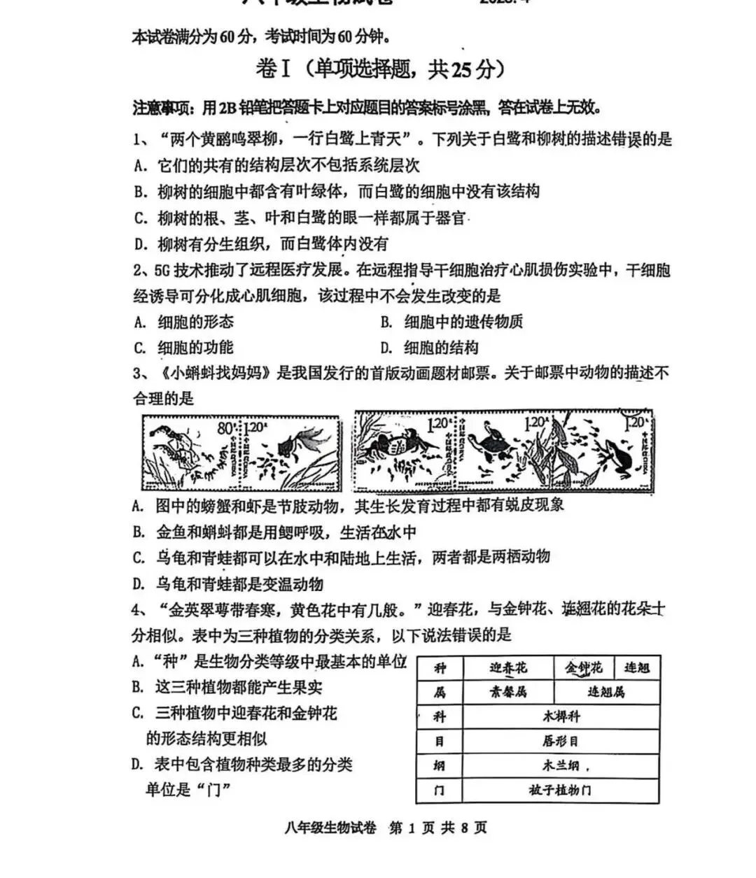 2026年中考生物模拟卷 第2张