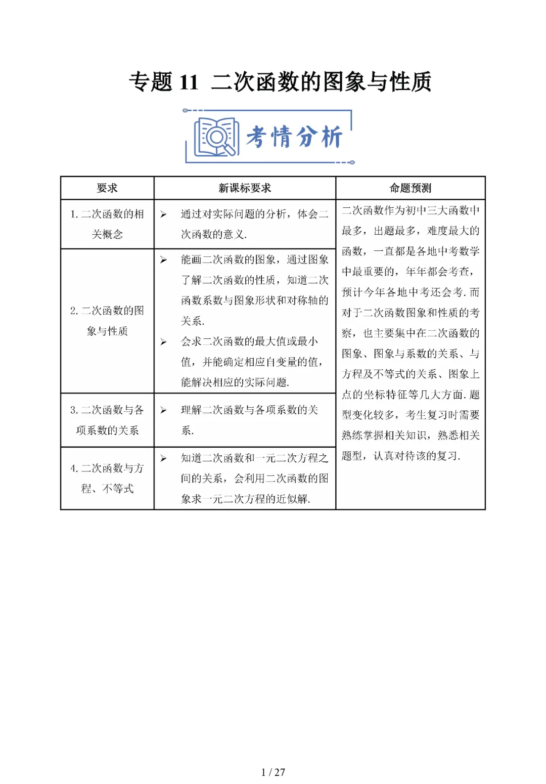 中考专题——二次函数的图像与性质 第1张