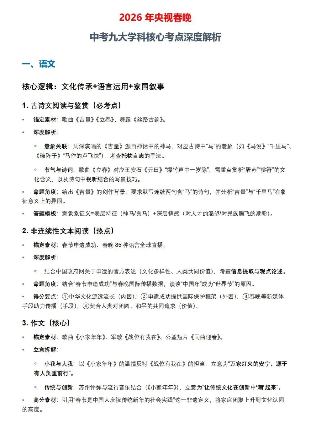 2026年春晚·中考九大学科核心考点深度解析 第1张