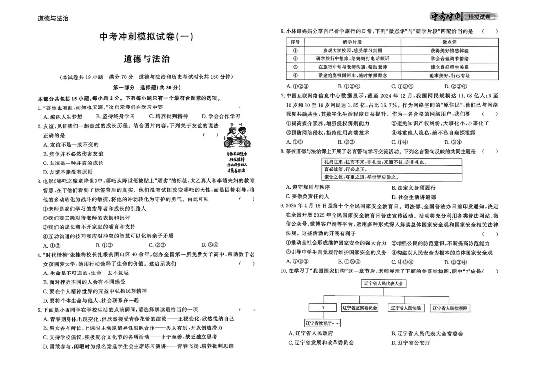 26春 道德与法治中考冲刺模拟试卷,含答题卡 第3张
