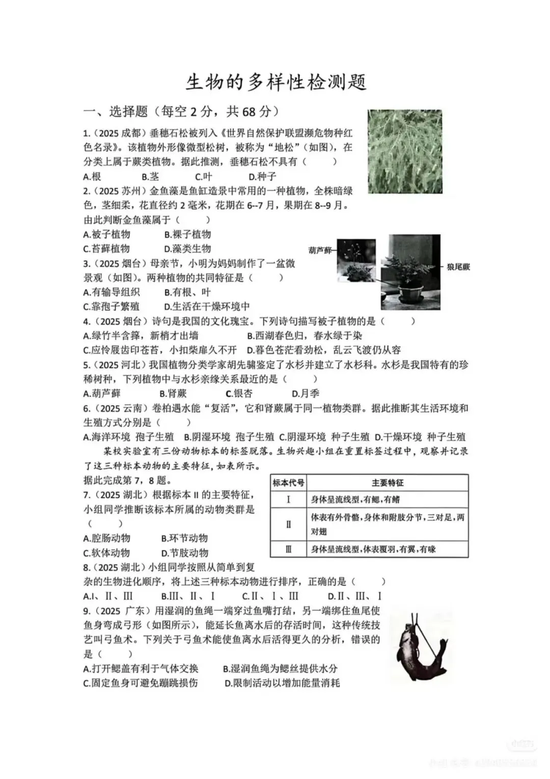 中考复习专题2-生物的多样性检测题附答案 第1张