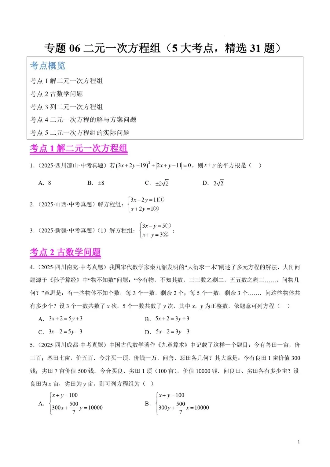 中考数学专题06二元一次方程组 第1张