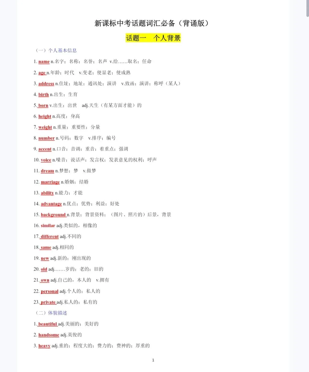 中考英语24个热门话题词汇必背 第1张 中考英语24个热门话题词汇必背 第1张