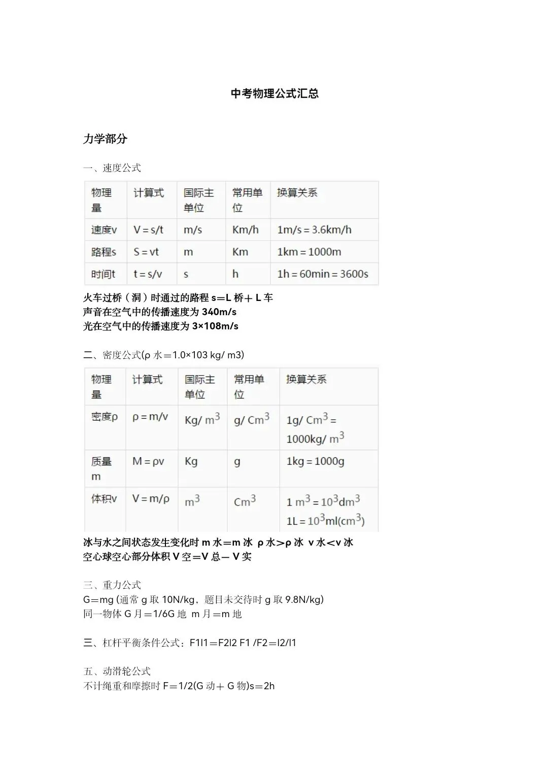 中考物理公式汇总 第1张