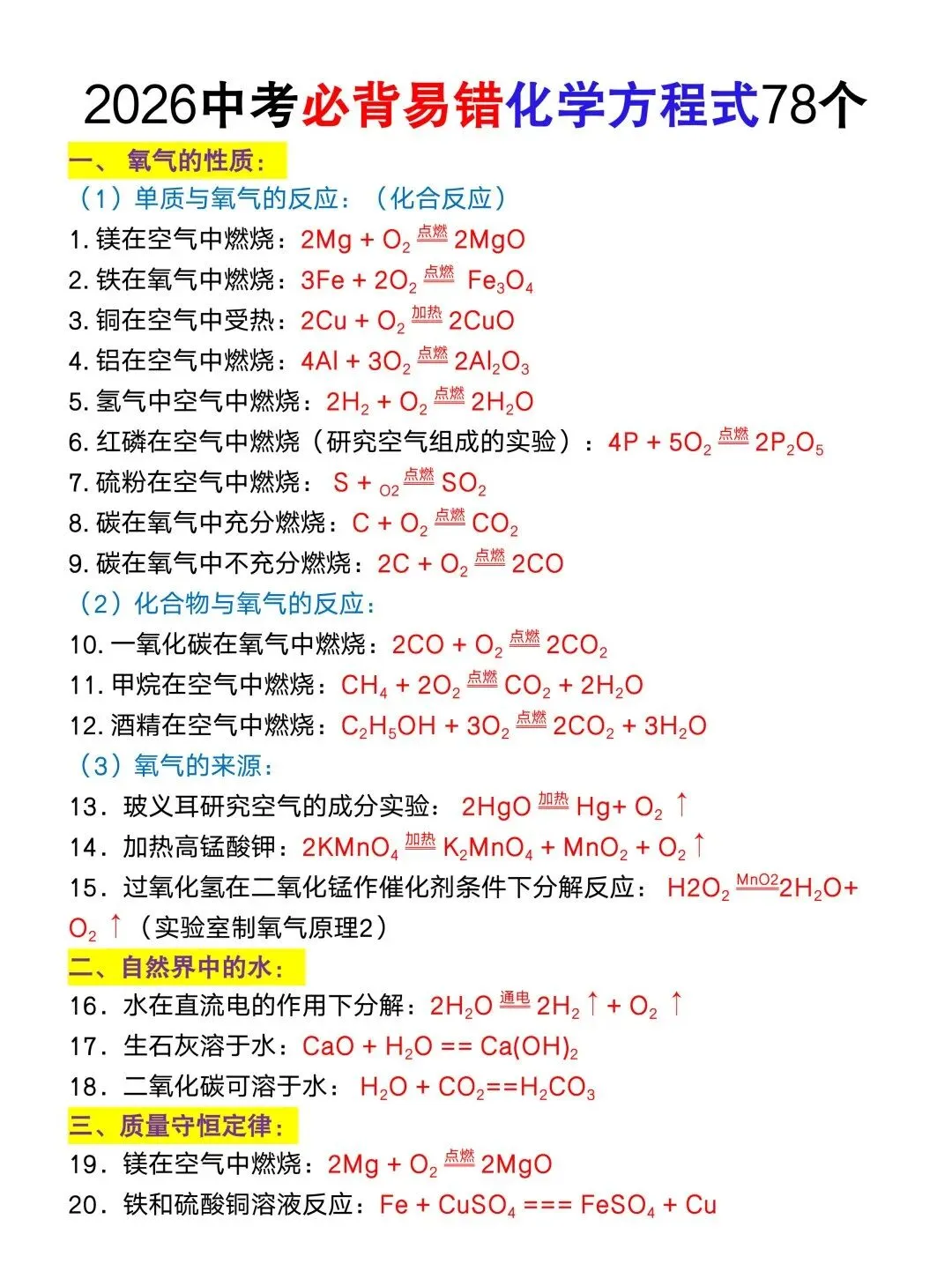 2026中考必背易错化学方程式78个,务必掌握,建议收藏备用! 第4张