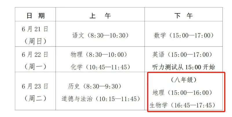 中考时间(含初二小中考) 第1张