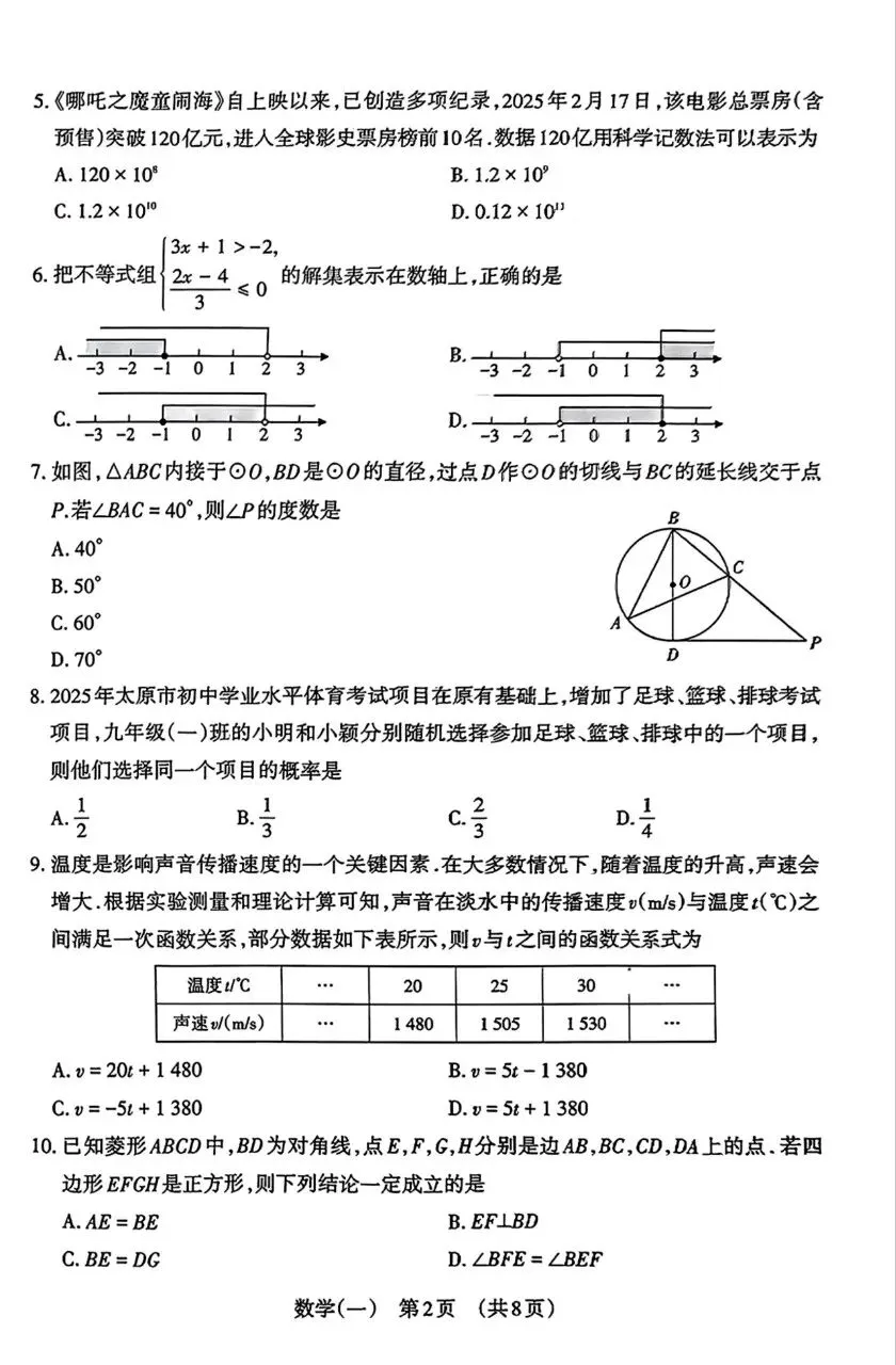 【数学】山西中考模拟百校联考试卷(一)-第2张图片-四季读书网