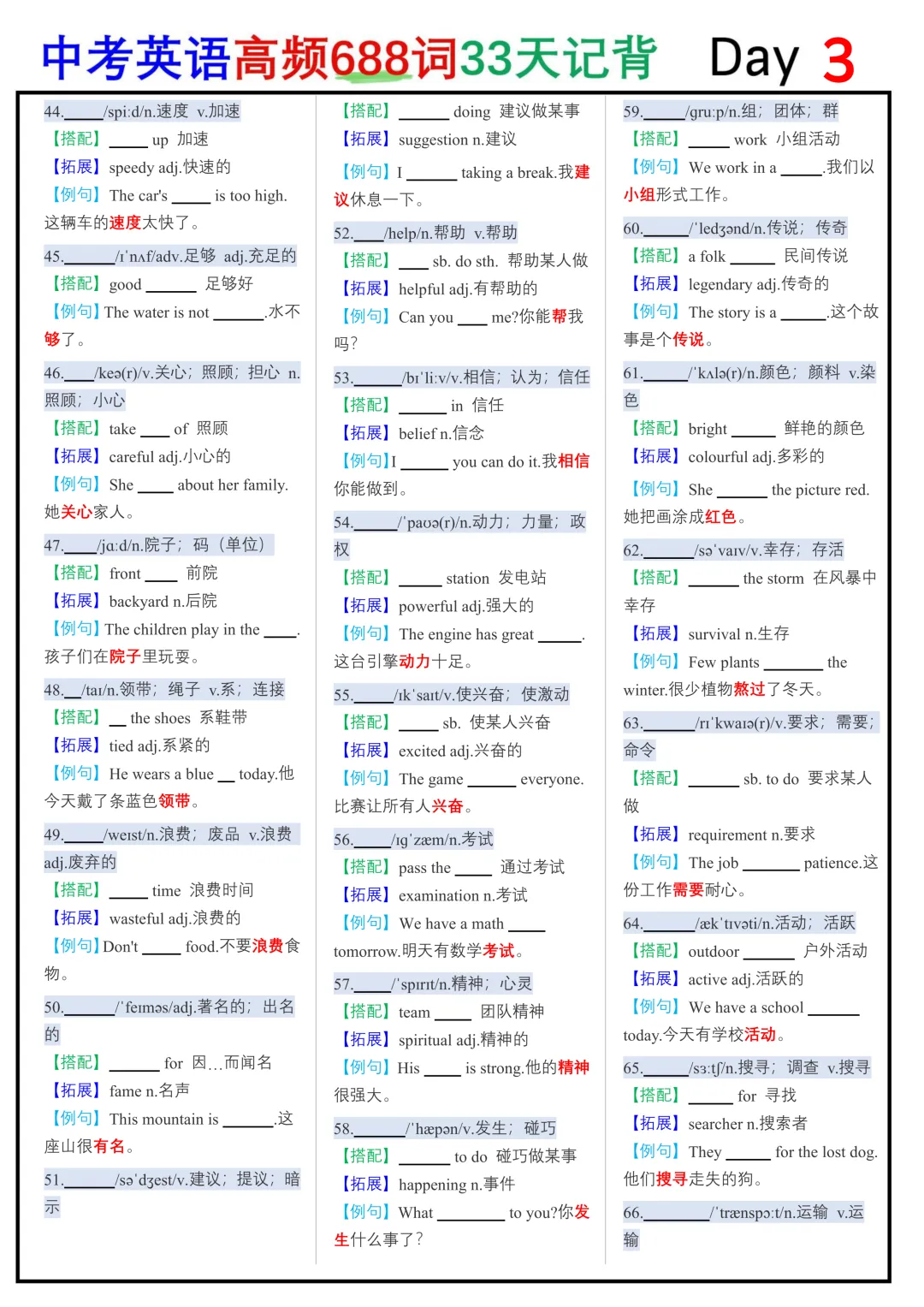 2026中考英语高频688词33天记背默写纸条,学霸早已烂熟于心 第3张