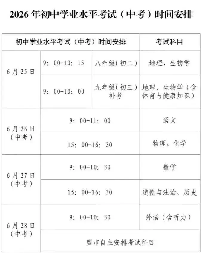2026年内蒙古自治区中考时间表 第1张