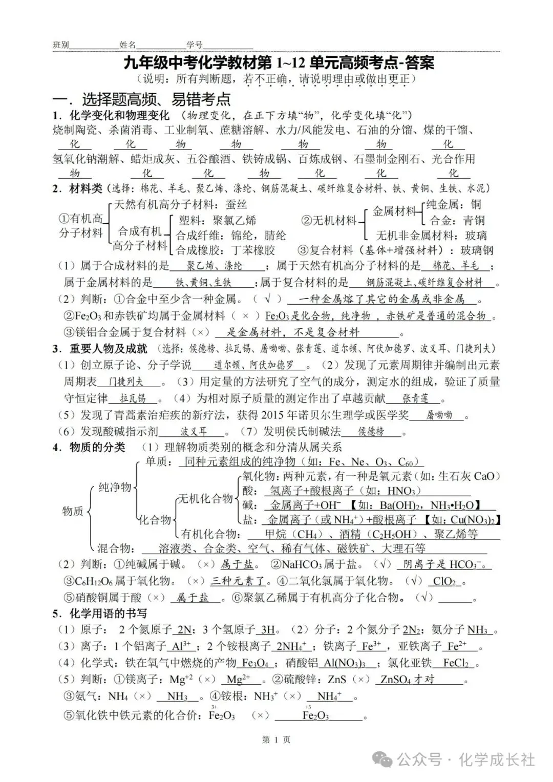 中考化学:初中化学1-12单元复习【终极秘籍】默写答案版 第1张 中考化学:初中化学1-12单元复习【终极秘籍】默写答案版 第1张