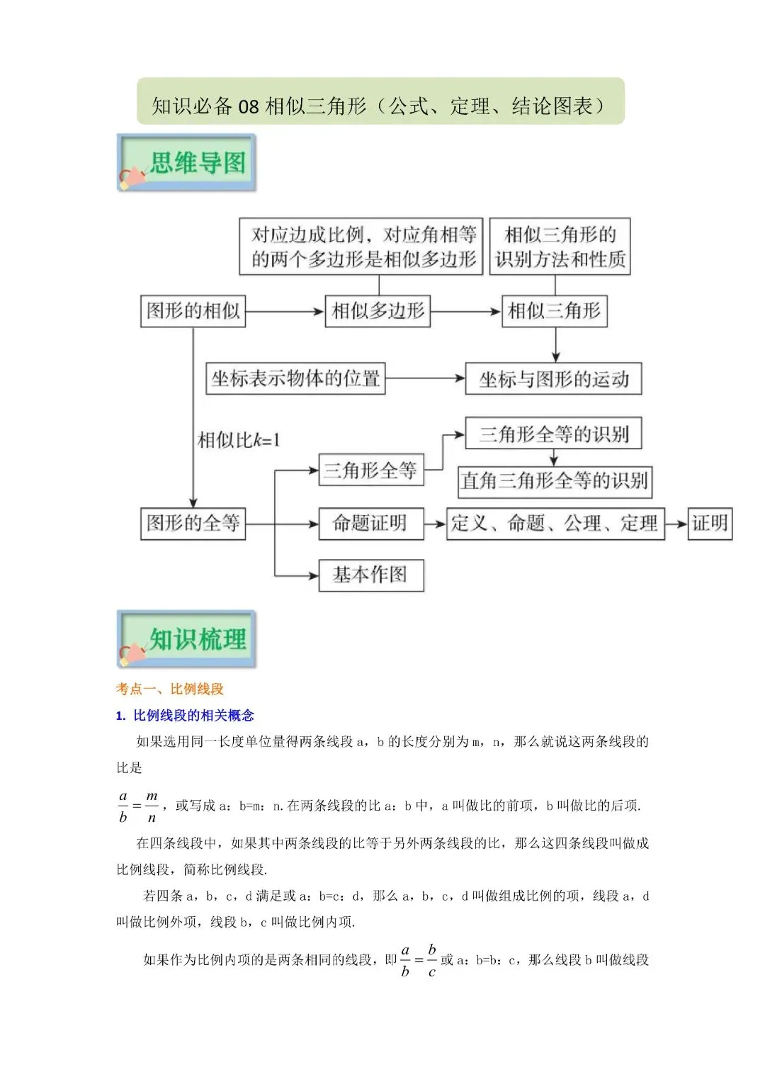 九年级下册数学中考知识必备08 相似三角形(公式、定理、结论图表)完整电子版可打印 第3张