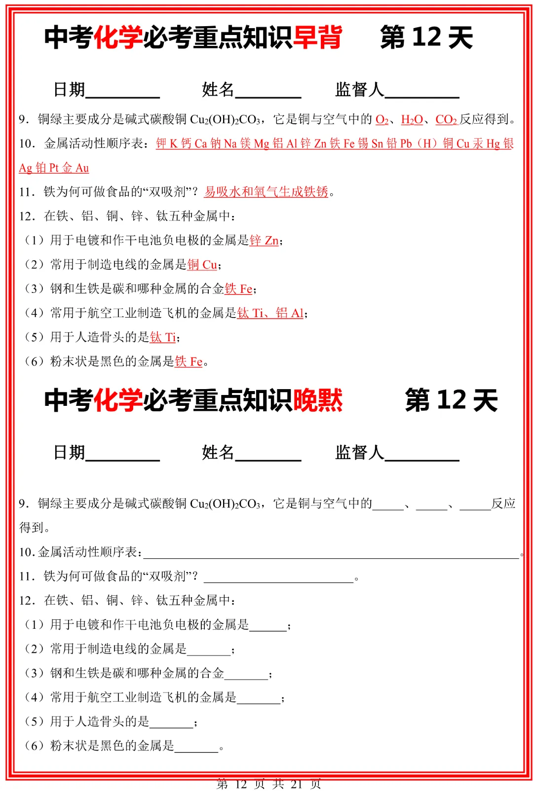 【九年级下册化学人教版】中考化学必考重点知识早背晚默|完整高清电子版可打印 第9张