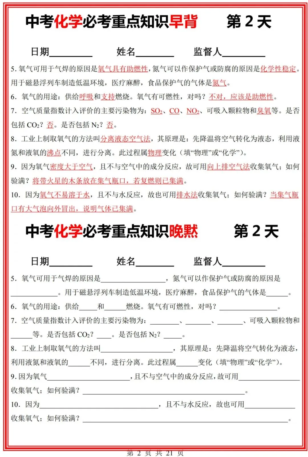 九年级(下)化学 中考化学必考重点知识【早背晚默】共21页 完整高清电子版可打印 第3张