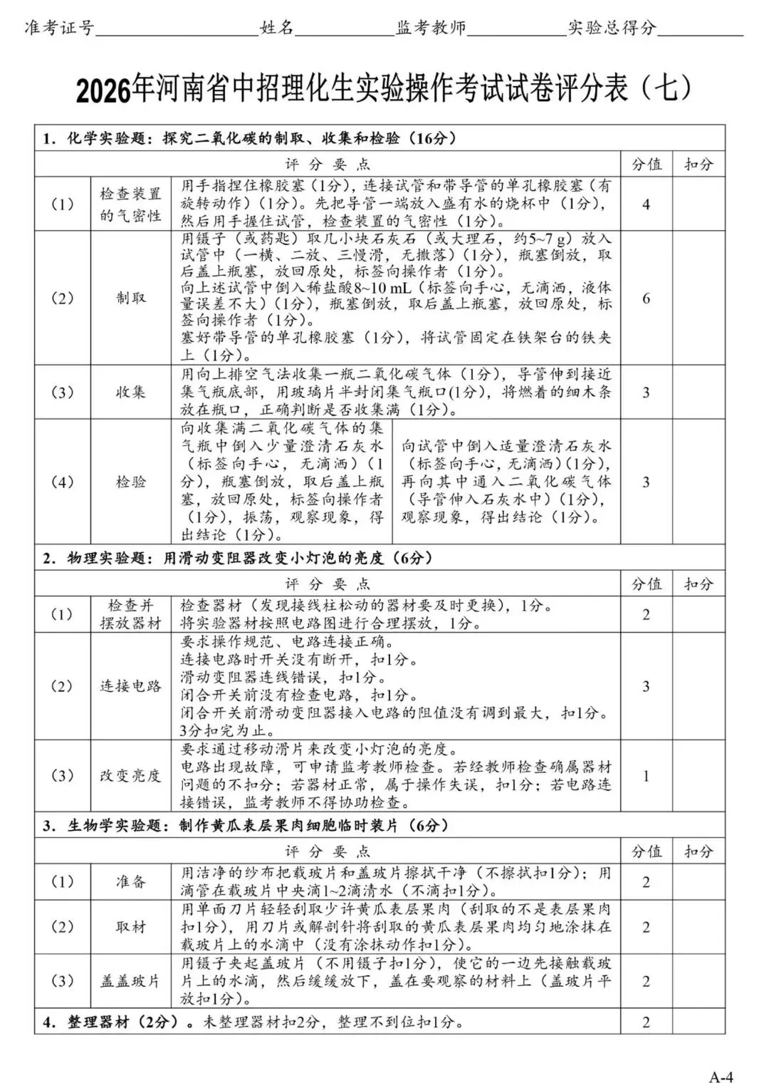 2026郑州中考理化生实验操作考试试卷及对应评分细则 第17张 2026郑州中考理化生实验操作考试试卷及对应评分细则 第17张