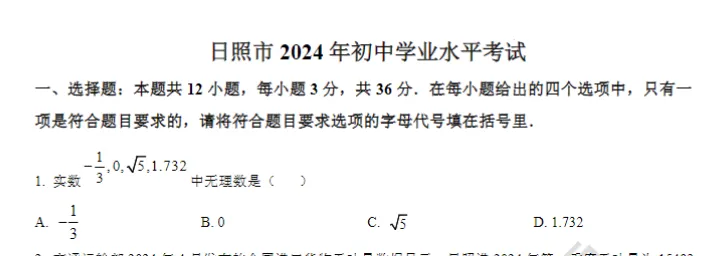 2024年山东省日照市中考数学试卷【含解析】 免费分享 可下载 第2张