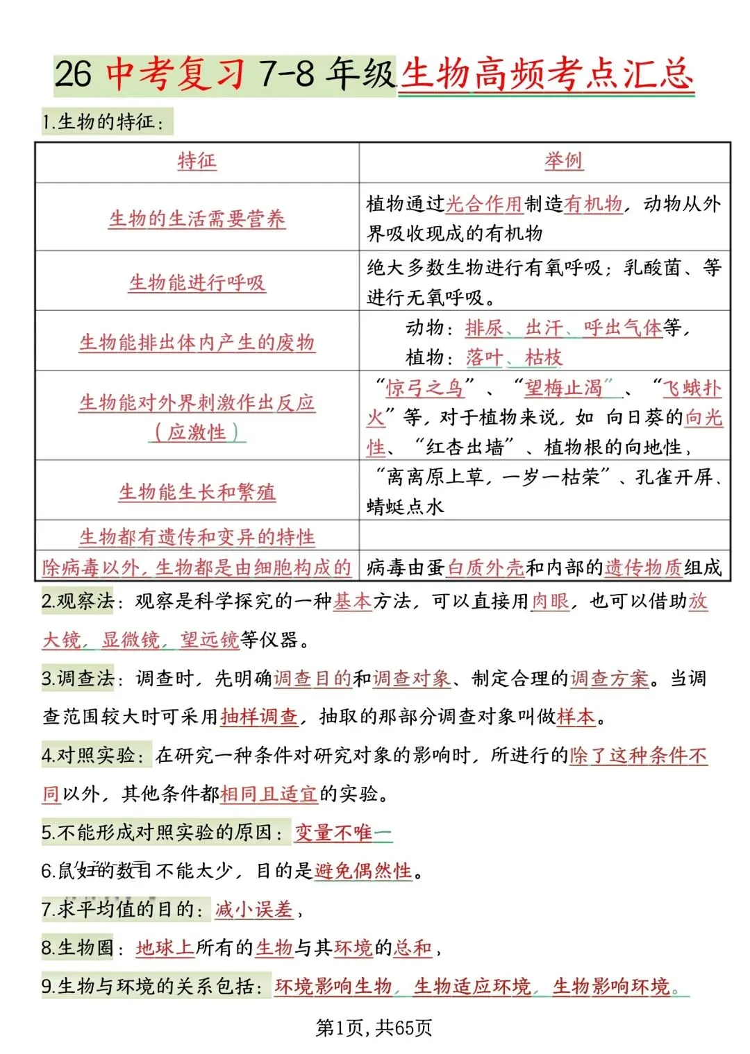 2026人教版中考复习7—8年级生物高频考点汇总,完整电子版可打印 第5张