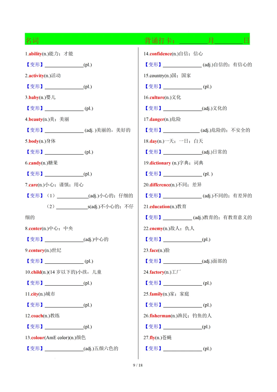 中考英语:高频必备核心词汇拓展分类归纳(背诵版+默写版) 第11张