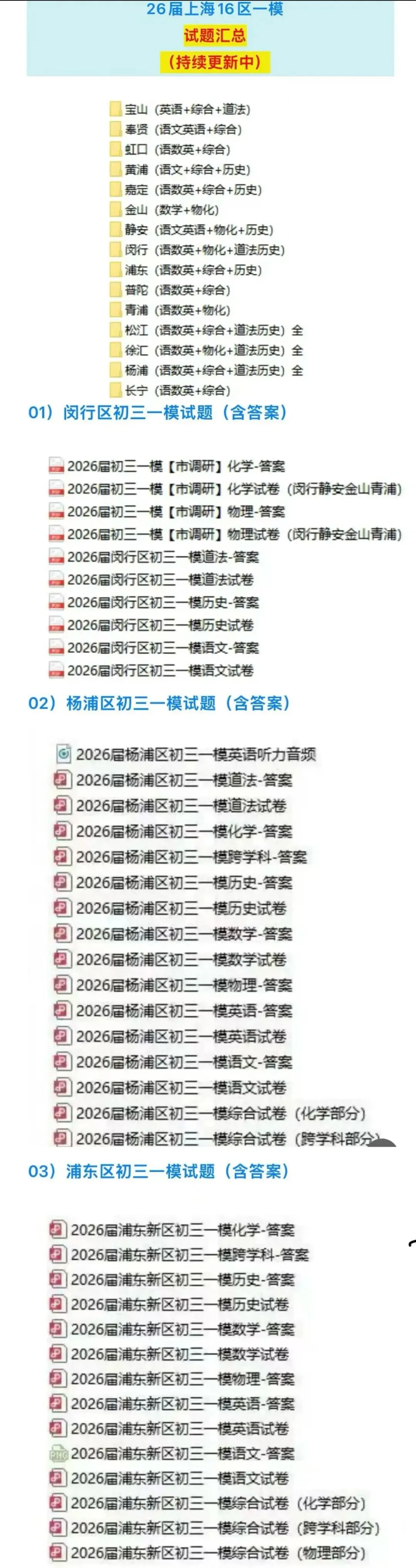 上海 16 区 | 初三一模【全科】试卷 +答案汇总合集|高清电子版可打印! 第3张