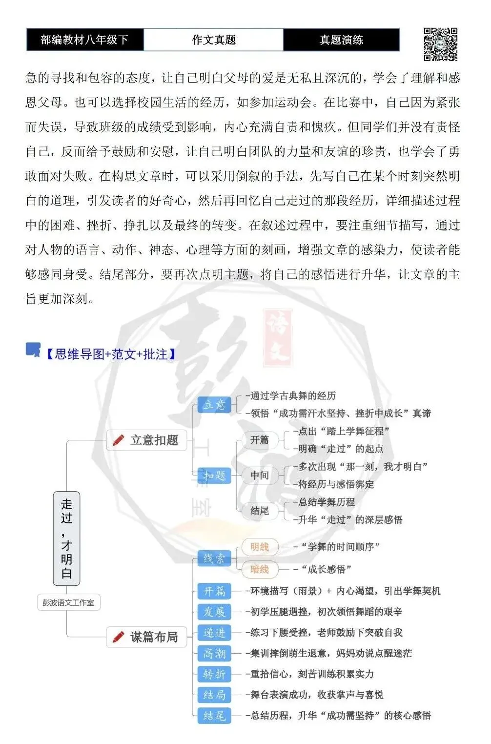 【作文-真题演练】八年级下-12-走过,才明白-思维导图+解析+范文批注指导-第6张图片-四季读书网