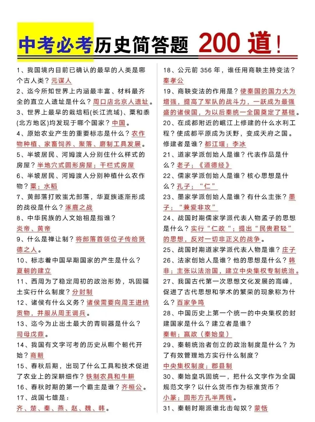 初中历史 | 中考必考历史简答题200道,命中率高! 第1张