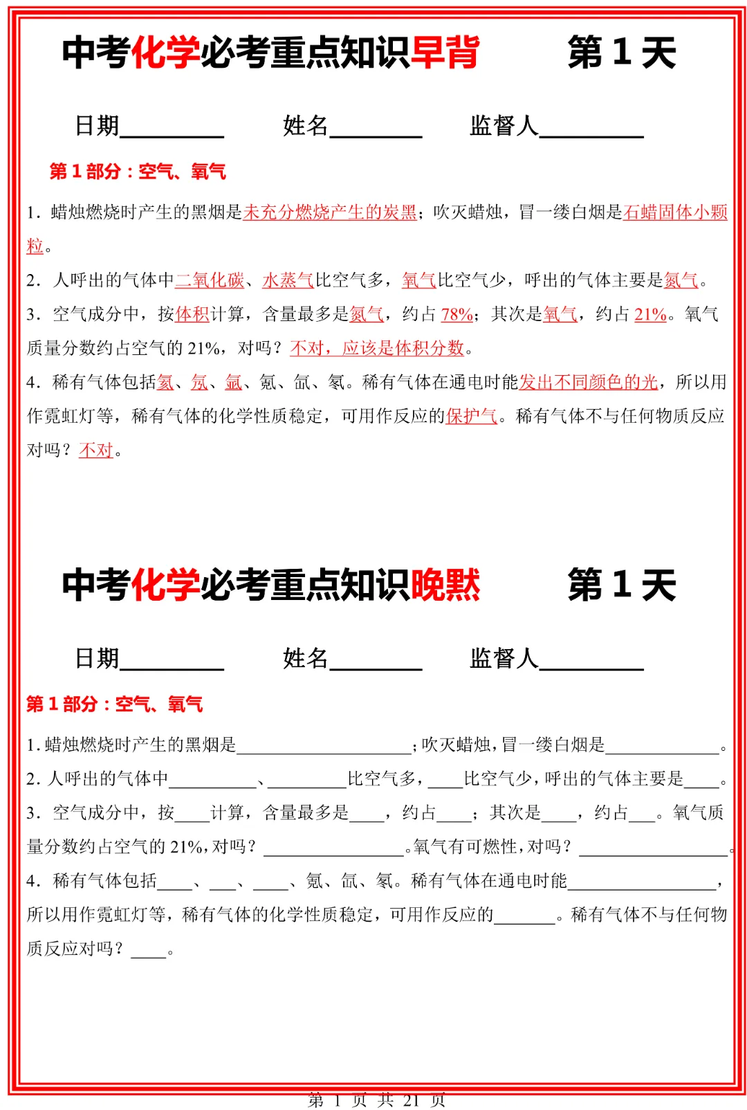 【九年级下册化学】中考化学《必考重点知识早背晚默》|完整高清电子版可打印 第1张
