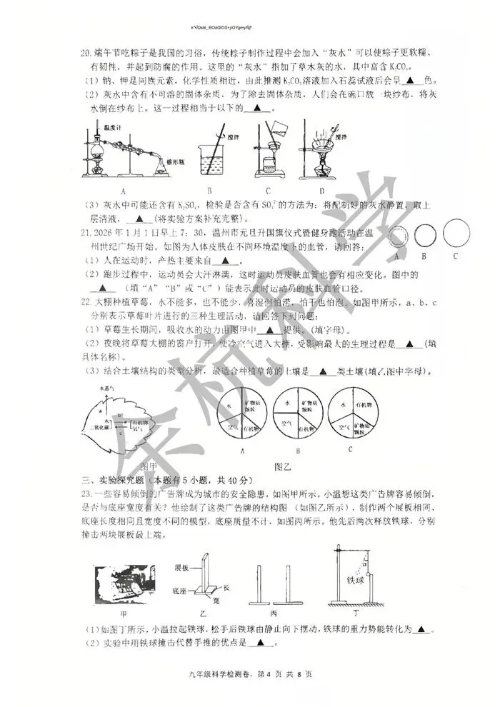 【中考模拟】2026年3月浙江省温州外国语学校中考一模科学试题 第9张