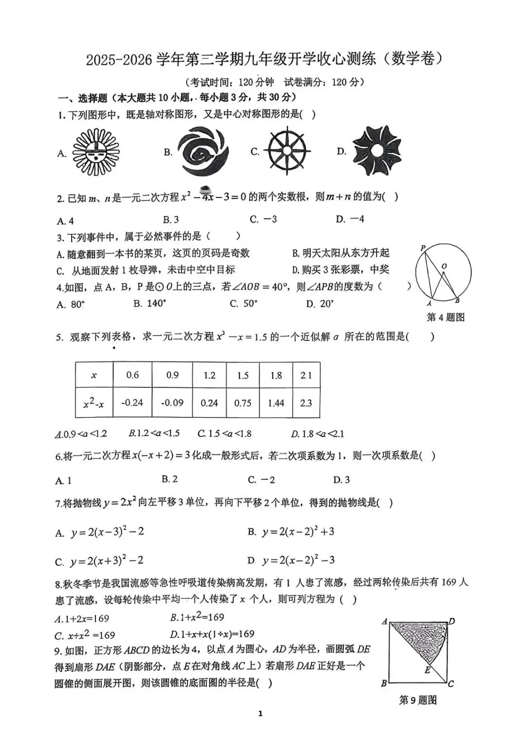 2026年惠州马安中学九年级开学考数学试卷分析(广东中考对标版)-第1张图片-四季读书网