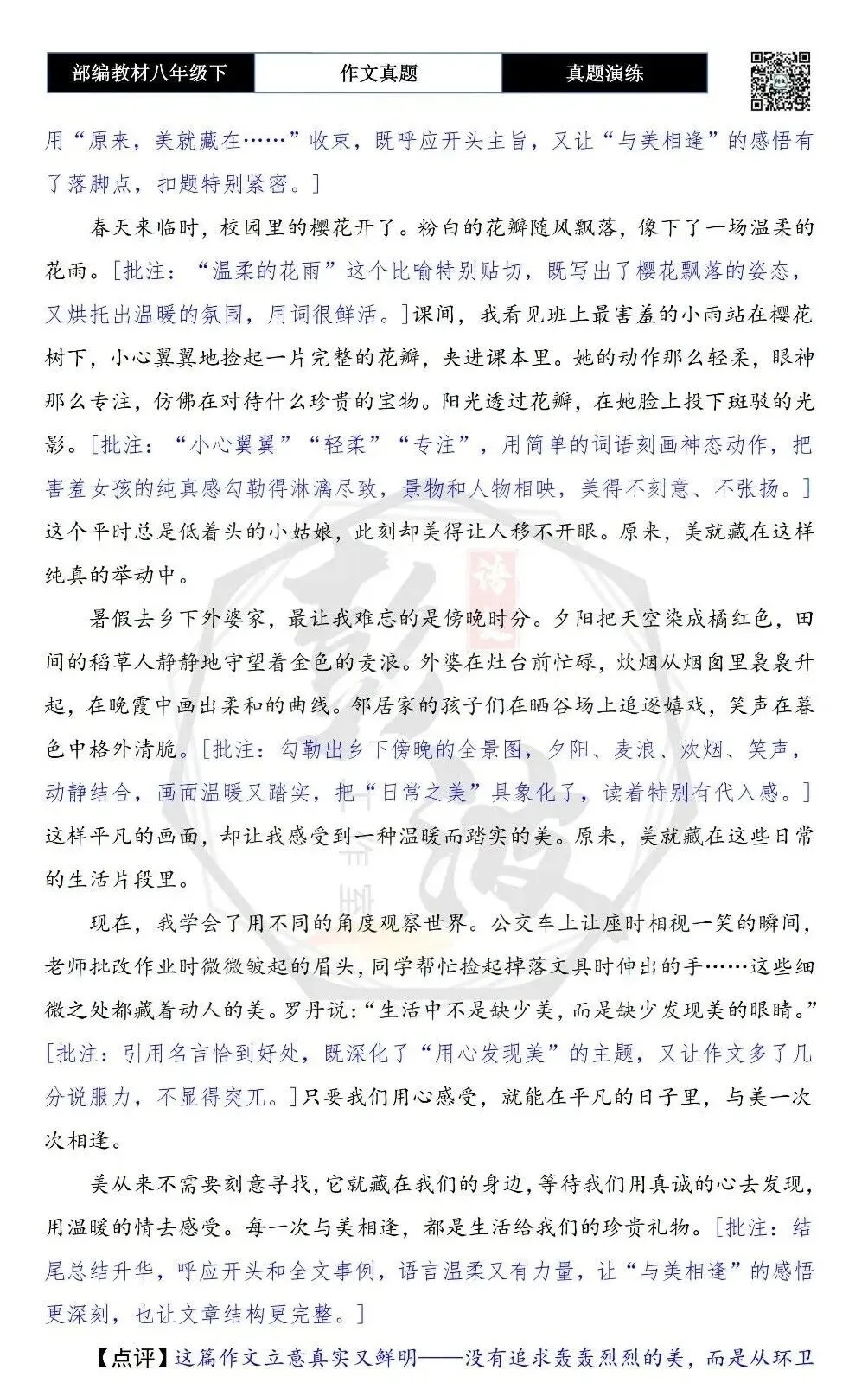 【作文-真题演练】八年级下-13-与美相逢-思维导图+解析+范文批注指导 第7张