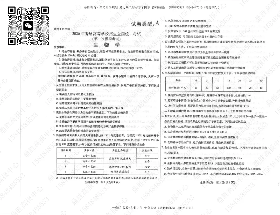 2026年高三一模生物试卷及参考答案(含解析) 第1张