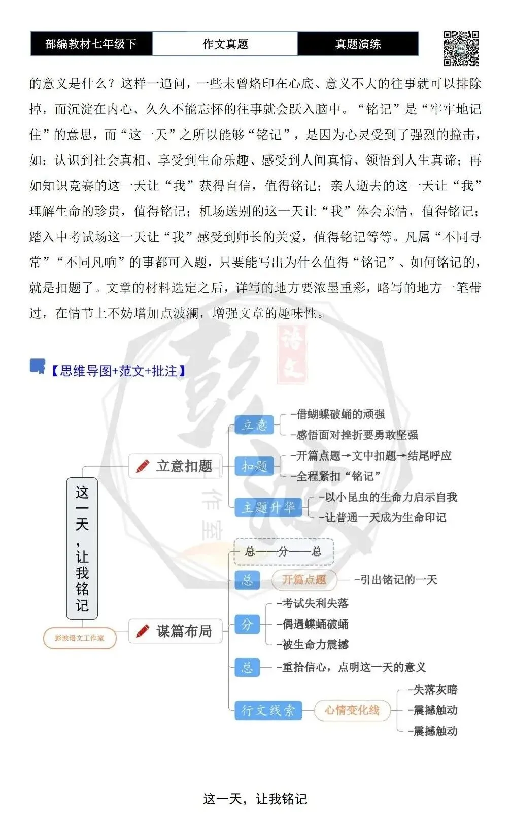 【作文-真题演练】七年级下-24-这一天,让我铭记-思维导图+解析+范文批注指导-第6张图片-四季读书网