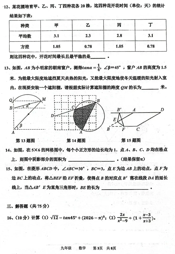 河南省实验中学3月模拟试卷(含数理化及答案) 第3张